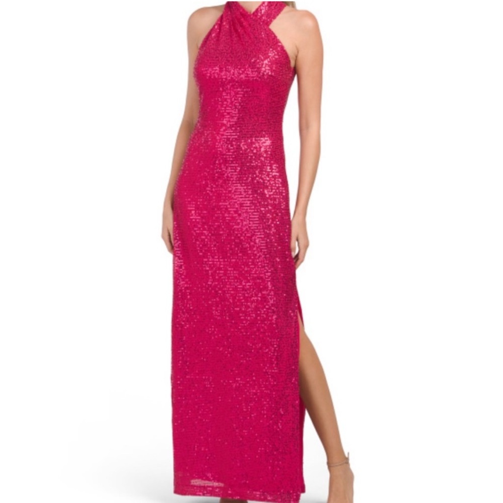 New Sequin Maxi Sparkle Harland Twist Halter Formal Gown Fuschia Hot Pink Barbie